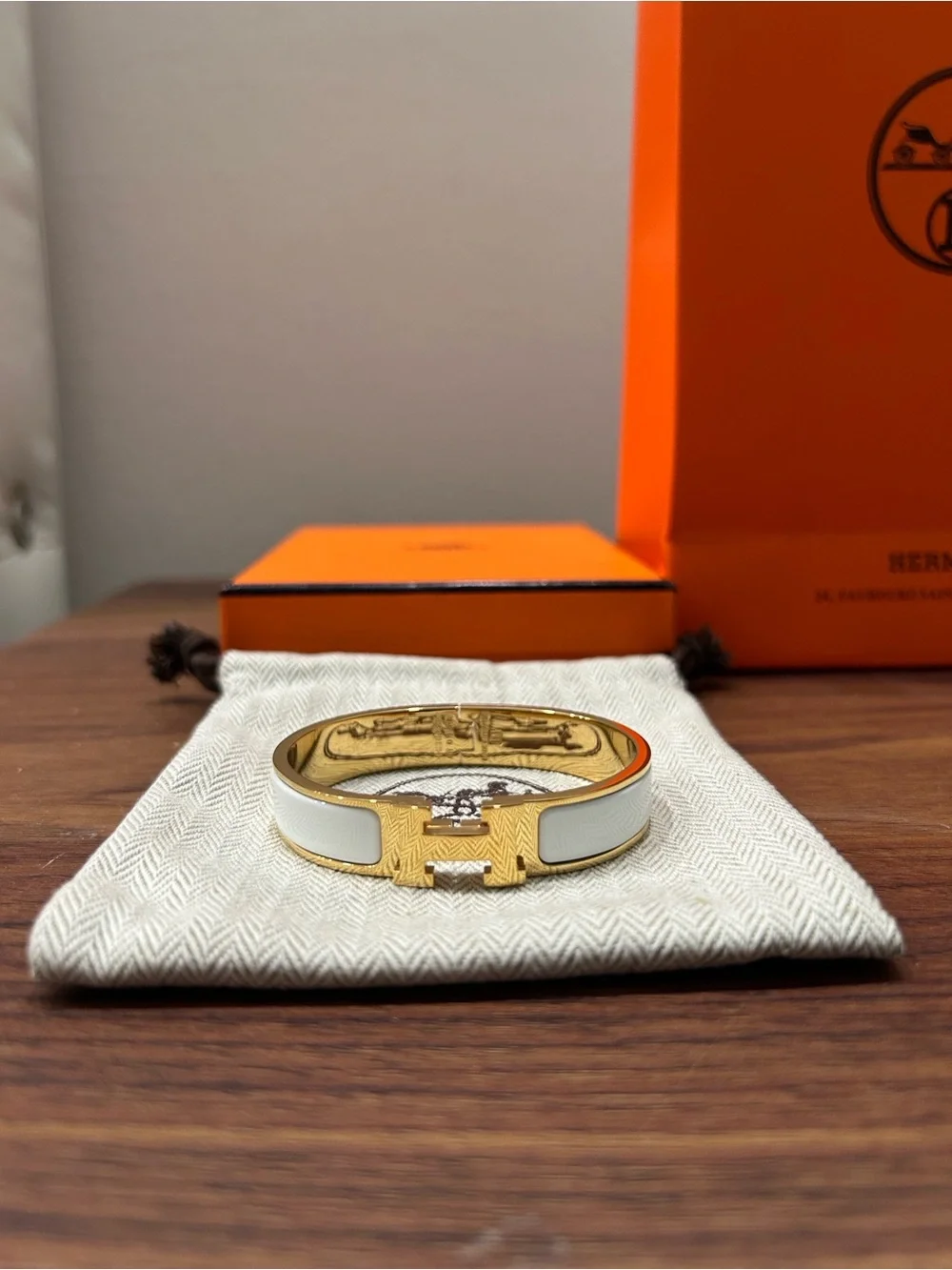 Hermes White And Gold Clic H Bracelet